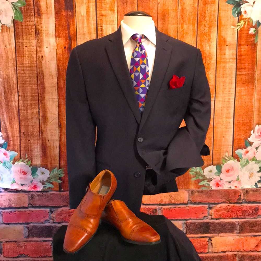Nordstrom Navy Blue Mens Suit with Red Pocket Square